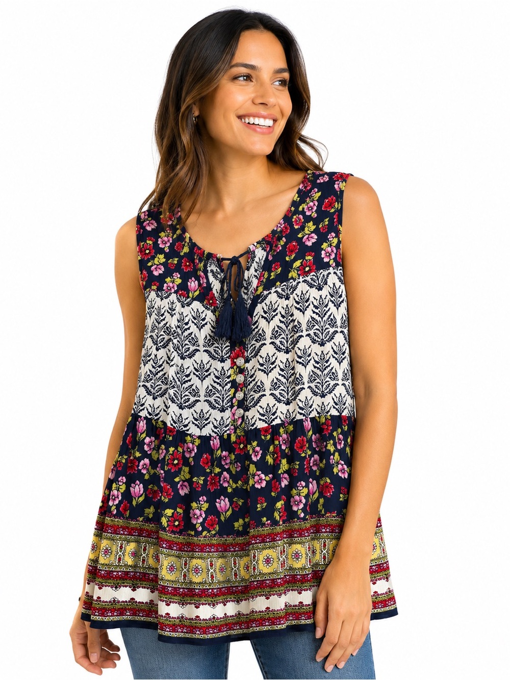 Bila Navy Floral Border-Print Tie-Front Tunic